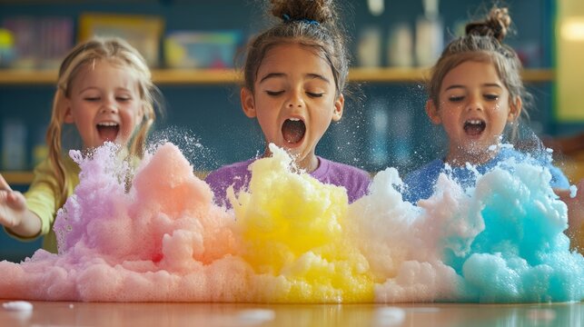 Exploding colorful foam experiment (elephant toothpaste reaction), kids reacting with excitement while maintaining safe distance.