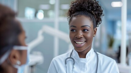 "Image features medical professional in white lab coat smiling at patient; background shows waiting room with blue wall."