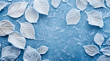 White leaves on blue background, copy text, template