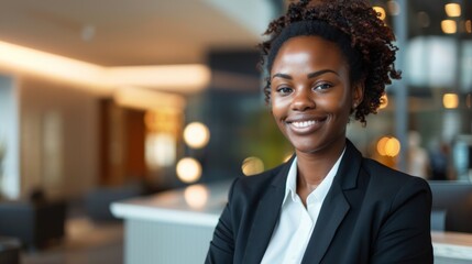 A professional woman in a lobby.