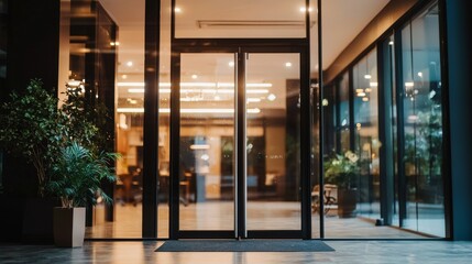 The working space is filled with a calm atmosphere at night, as the blurred and defocused office interior highlights the soft ambient lighting, forming an abstract scene in an illustration
