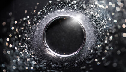 Silver glittering circle with shining particles on black background. Round shape. Abstract design.