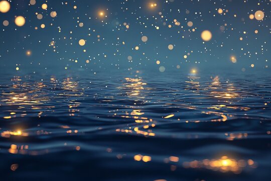 Bokeh and sparkling light rays flare out against the dark blue sky in an abstract display of lighting