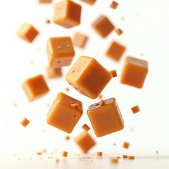 Flying caramel cubes isolated against white background. Toffee, fudge, candy cubes in motion. Tasty sugar food ingredient. Confectionery sweet product macro treat. Soft, chewy dessert with creamy