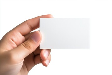 Hand holding blank card, white background, mockup, marketing