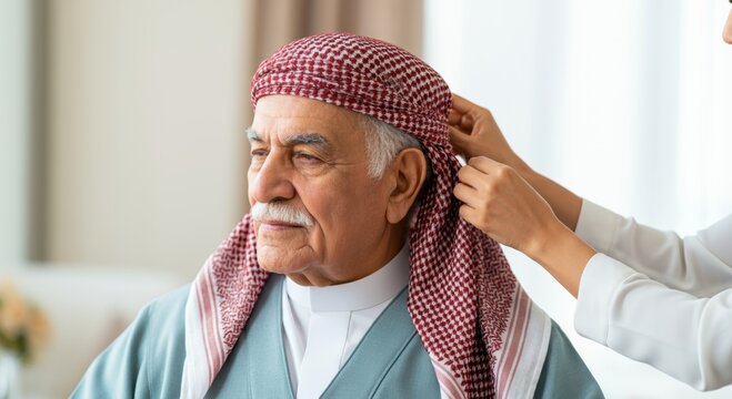 Elderly man in traditional middle eastern attire with checkered keffiyeh adjusted indoors
