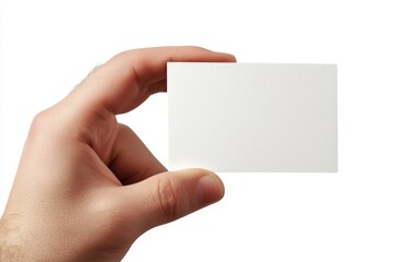 Hand holding blank card, white background, mockup