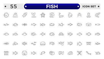 Fish outline icon. Sea creatures line icon set.  Maritime concept. Shell, turtle, fish, whale. Vector illustration can be used for topics like sea, ocean.