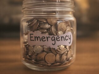 Emergency Savings: A close-up of a glass jar brimming with coins, labeled "Emergency", symbolizing financial preparedness and a safety net.