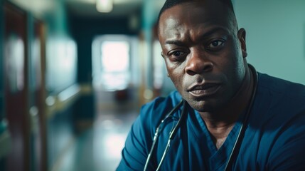Fototapeta premium Man wearing scrubs stands confidently in hospital hallway.