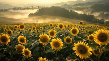 Fototapeta premium A serene sunflower field at sunrise, showcasing nature's beauty and tranquility.
