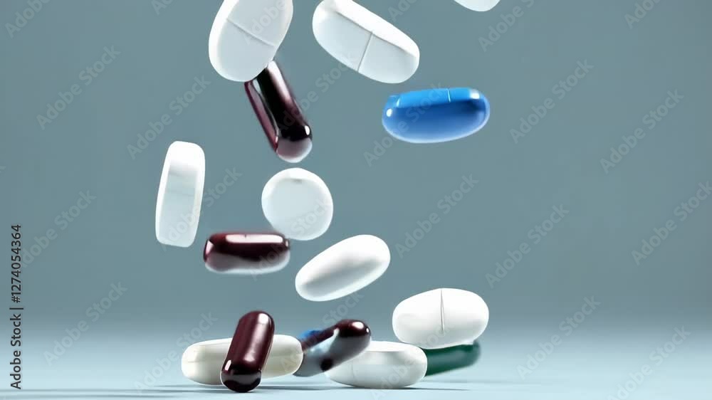 Poster Colorful pills and capsules are falling and bouncing on a light blue surface, isolated on a white background, creating a visually appealing slow motion sequence