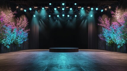 Soft watercolor lighting and abstract geometric set pieces define the minimalist theater stage, where modern drama and avant-garde performance come alive