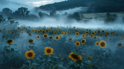 Fototapeta premium A serene landscape of sunflowers shrouded in morning mist, evoking tranquility and beauty.