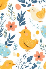 Seamless pattern of Easter chicks, eggs, and floral decorations