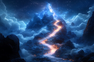 Obraz premium A surreal mountain landscape with a glowing pathway leading to the illuminated peak against a starry night sky. The image symbolizes ambition, success, and the journey to achievement. Perfect for moti