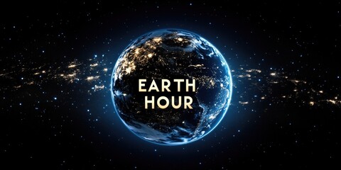 Earth hour concept illuminated earth at night with city lights and stars in space
