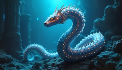 Fototapeta premium Luminescent aquatic creature in mysterious underwater cave, fantasy illustration concept