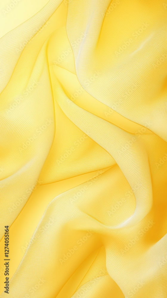 Poster flowing yellow fabric draping with soft, undulating folds, creating serene texture and elegant curve