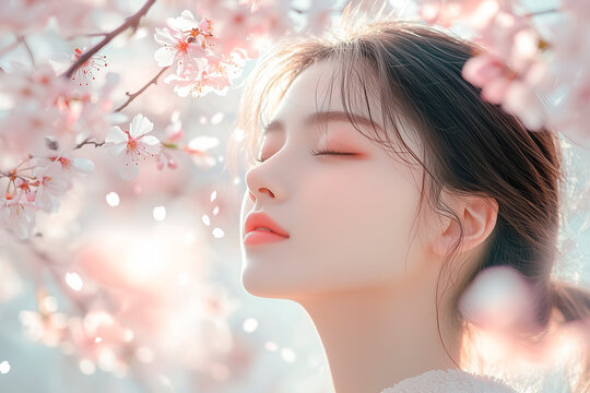 若い女性と桜。春の美容広告デザインに最適な人物素材