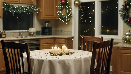Candlelight illuminates a beautifully set dining table adorned with festive decorations in a welcoming kitchen ambiance
