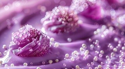 A close-up of purple frosting adorned with rose decorations and tiny pearls.