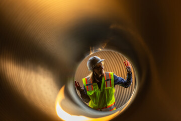 A female engineer inspecting a large pipe from the inside. She is wearing a hard hat,...