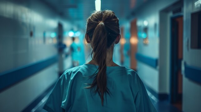 The image features a nurse walking down a hospital corridor.