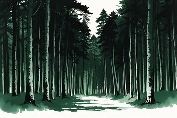 Green pine forest in a minimalist illustration