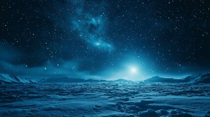Night Sky with Stars Over Snowy Landscape in Ethereal Blue Ambient