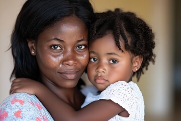 A beautiful portrait of a mother holding her child close, illustrating the strong bond and love shared between them in a moment filled with warmth and affection.