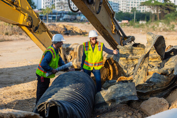 Two construction workers, one male and one female, standing near large pipes at a construction...