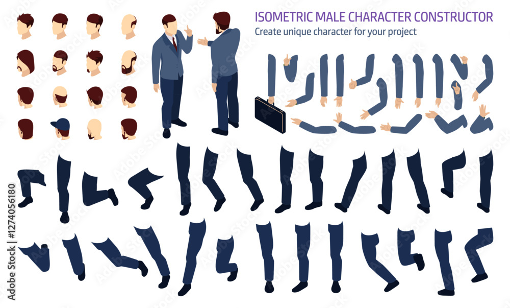 Poster Isometric set of different positions of arm and leg for animation, male character constructor. Vector create unique businessman character for your project. Body parts, hair and beard style