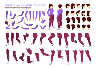 Woman character constructor, create unique isometric personage for your project. Vector young female in casual clothes. Set of different positions of hands, legs and hair style. DIY kit