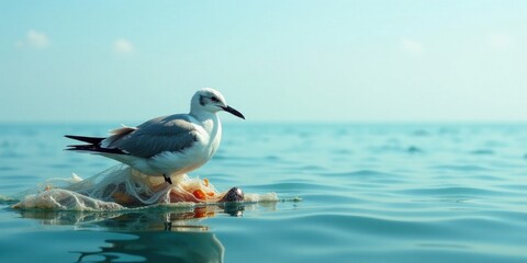 Fototapeta premium A solitary seabird rests on ocean debris, a poignant symbol of marine pollution and environmental fragility