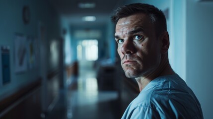 Obraz premium The image depicts a man standing in a hospital corridor.
