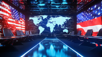 Global negotiations, USA diplomacy, international relations, geopolitical strategy, digital world map, politics
