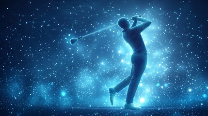 Glowing blue lines crisscross an abstract geometric landscape as a futuristic golfer swings, thereby enhancing the visualization of golf as an artistic pursuit
