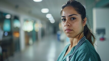 Fototapeta premium Person in white coat, standing in an indoor corridor or hospital environment.