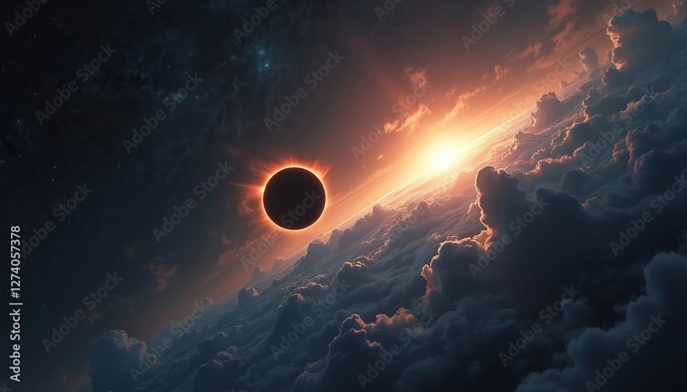 Aufkleber Total solar eclipse seen from space. The sun is behind the earth, which casts shadow. The earth is covered with clouds. Generative AI image of space view. Sunlight glow. Plasma prominence.