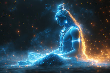 An abstract digital background featuring a futuristic representation of Lord Shiva, formed by interconnected glowing blue and black data points. A fusion of spirituality and modern technology