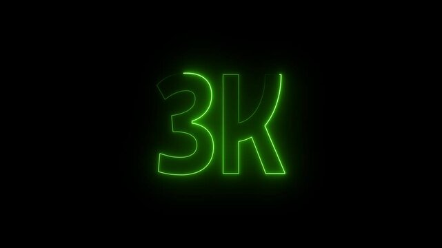 Neon line 3k Ultra HD icon isolated on black background, 3K followers. animation in Easy to put into any video. 3K views.