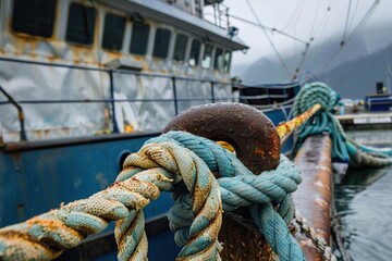 Fototapeta premium Rope securing a large fishing boat in the harbor. Generative Ai