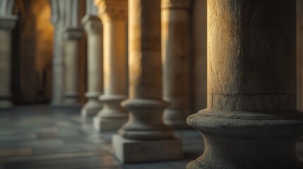 the columns in Klis Church, capturing the quiet elegance of the interior, with soft lighting highlighting the intricate stonework