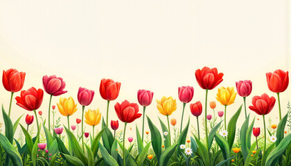 Vibrant tulip row blooming in botanical garden, spring beauty