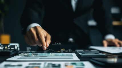The Strategist's Vision: A sharply dressed business professional engages with a holographic display of financial data, his finger hovering over a dynamic chart.