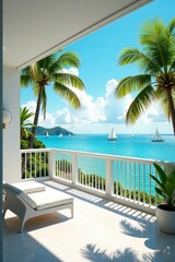 Fototapeta premium Serene Ocean View from a Luxurious White Balcony with Comfortable Lounge Chairs and Lush Tropical Greenery