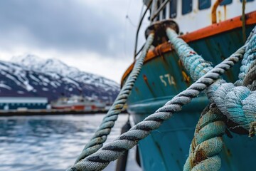 Obraz premium Rope securing a large fishing boat in the harbor. Generative Ai