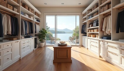 Spacious walk-in closet with custom shelving, island dresser. Large windows provide bright light, great lake view. Storage organization system with clothing racks. Concept for stylish home interior