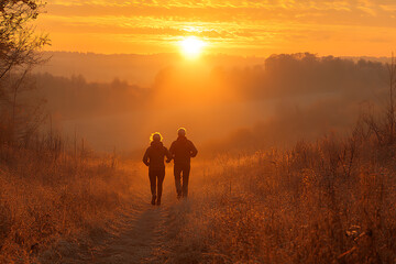An active senior couple jogging together on a scenic trail during golden hour. They are smiling and enjoying a healthy outdoor lifestyle, symbolizing fitness, longevity, and well-being. Perfect for se